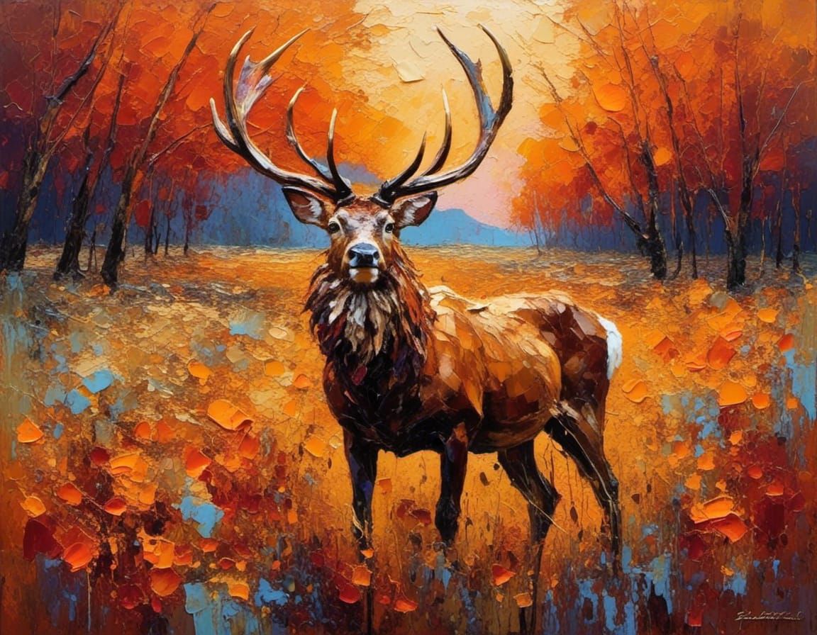 Stag in Autumn Field as Impasto Painting