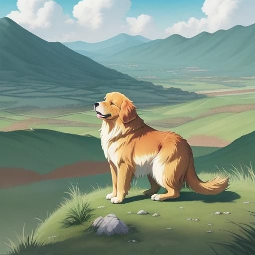 Golden Retriever on Green Hill in Anime Style