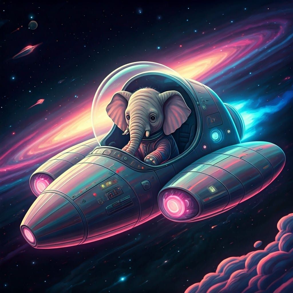 Adorable Elephant Navigator in Neon-Lit Spaceship