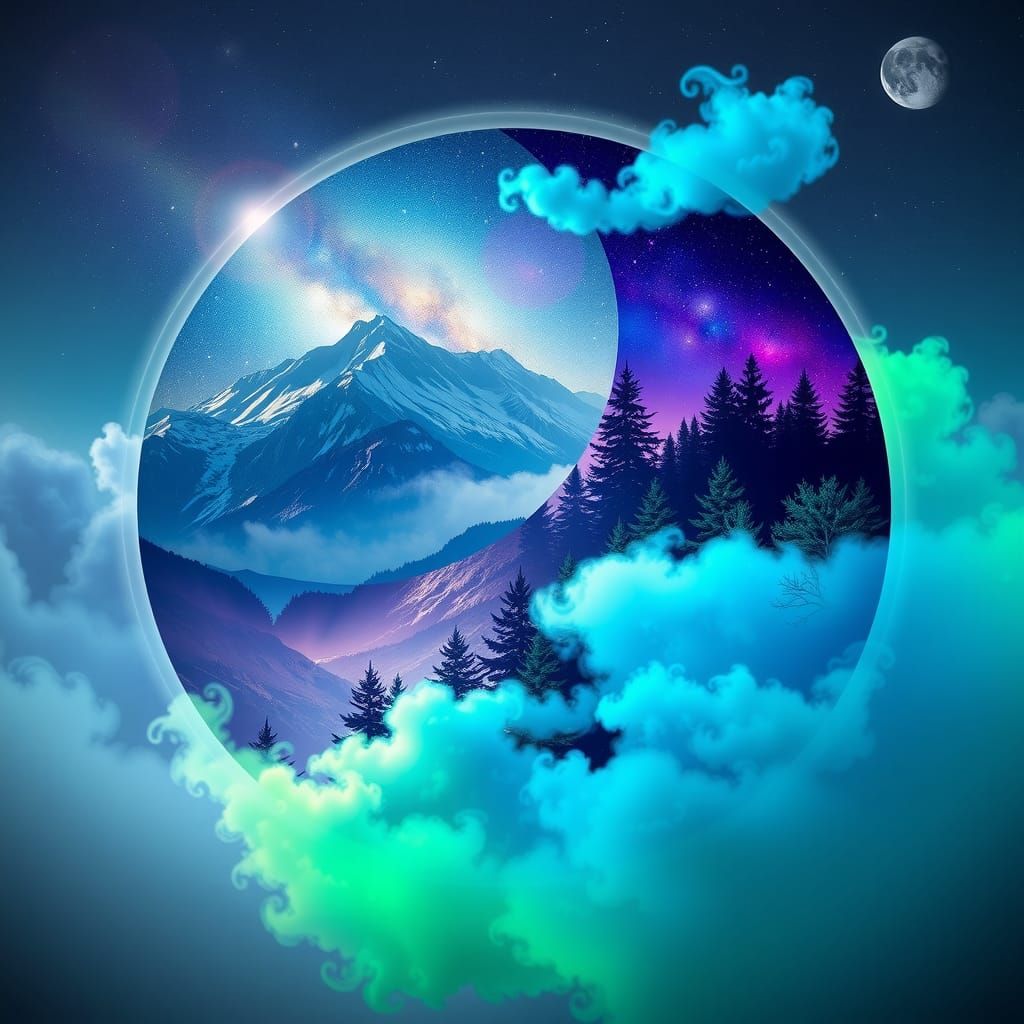 (UV Glow) yin yang symbol, one half with a detailed silhouet...