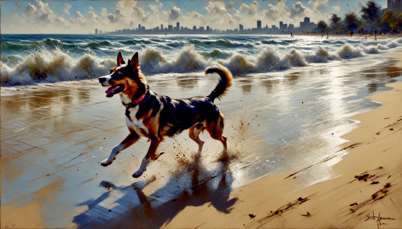 Impressionist Dog Running on Shoreline in Sunlight