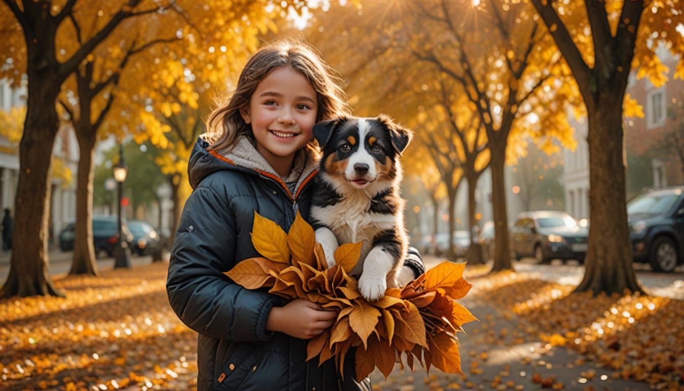 Girl and Puppy Enjoying Autumn Leaves