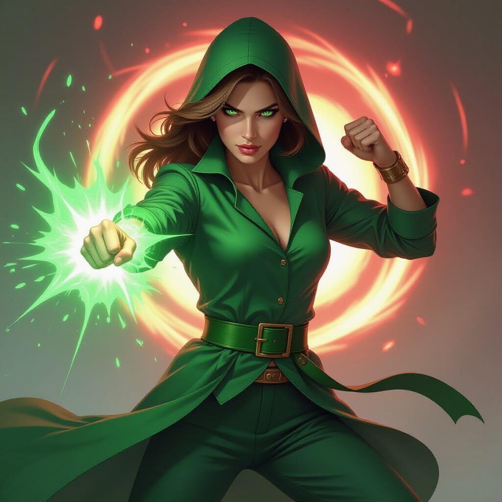 Emerald Energy Warrior Punches Saboteur in Concept Art Style