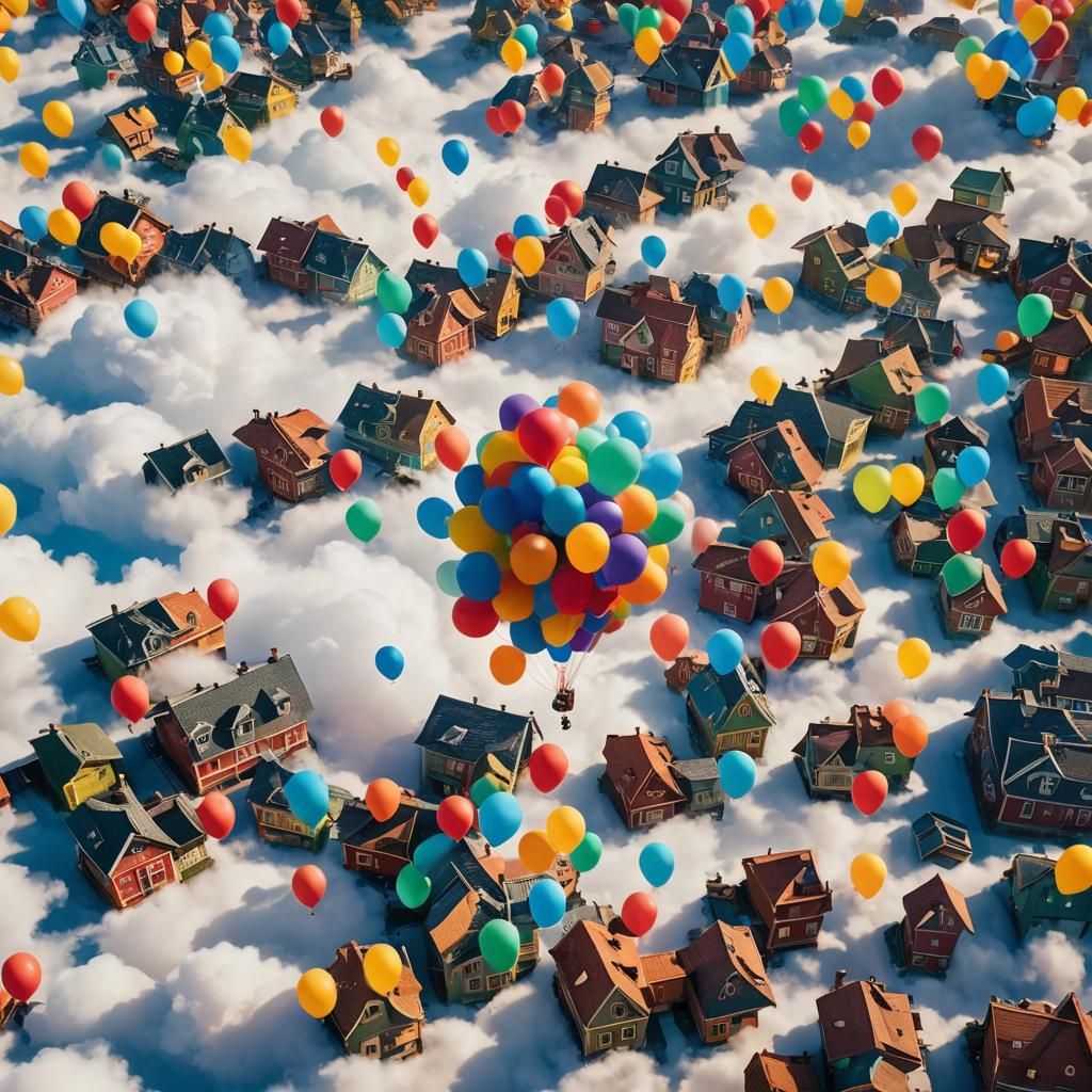 Up House Floating with Balloons, Cinematic Film Still