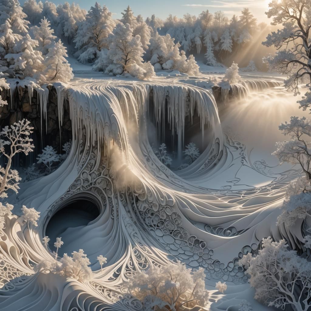 Frozen Waterfall in Winter Sunlight: Professional Photograph...