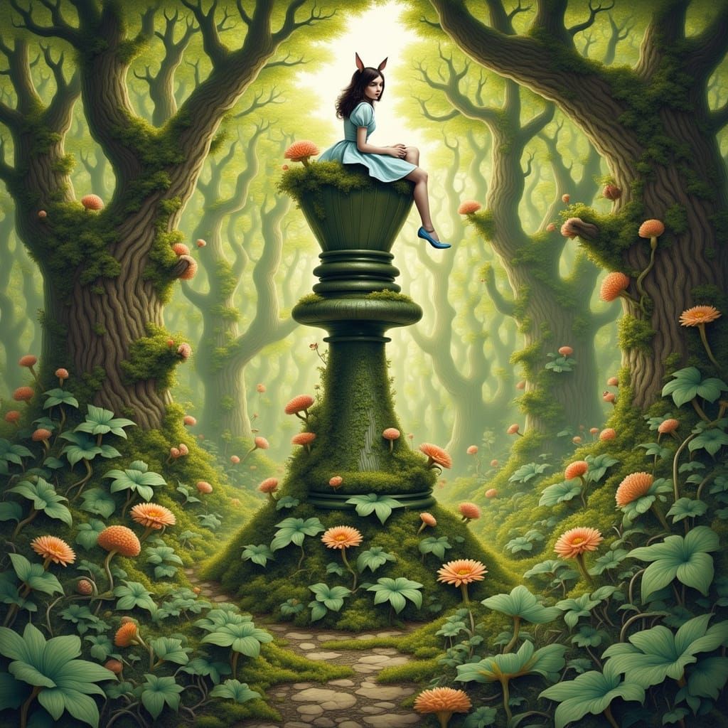 Alice on Giant Chess Piece in Overgrown Garden