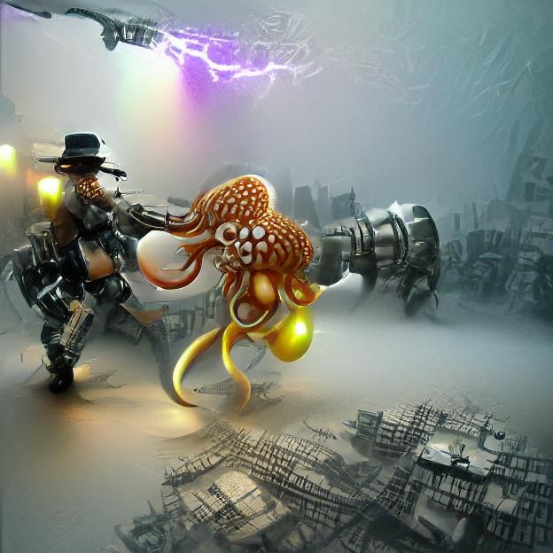 Steampunk Octopus vs Cyberpunk Jellyfish in Anime Style