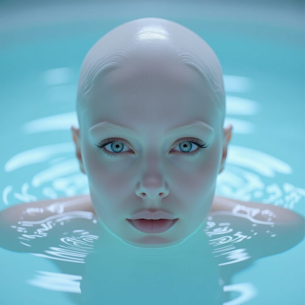 Albino Woman's Face Emerges From Glossy Liquid