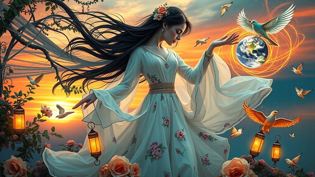 Ethereal Dancing Maiden in a Floral, Surreal Dreamscape