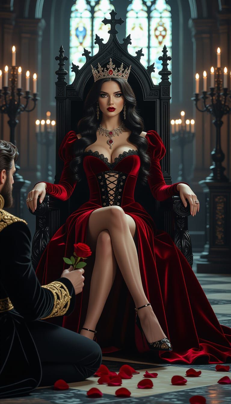 Gothic Queen on Throne in Candlelit Cathedral