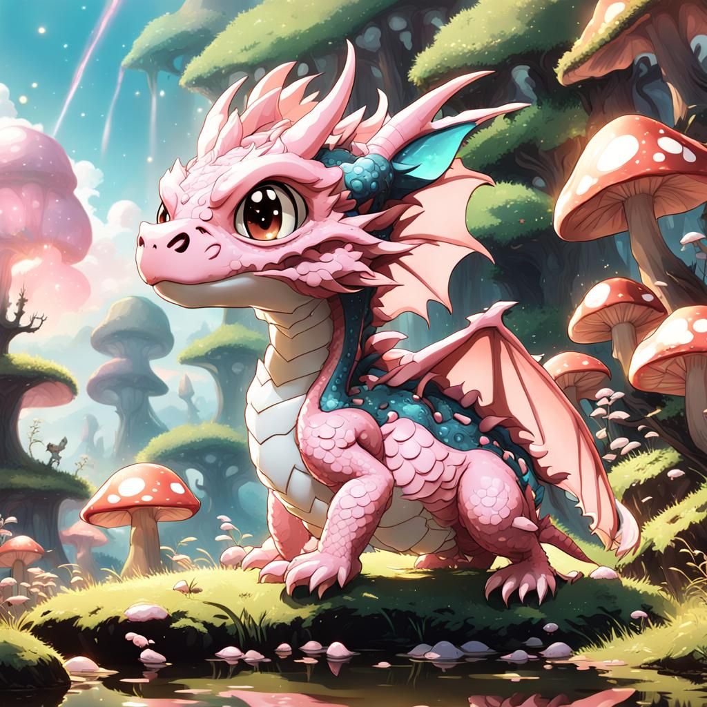 Cute Pink Dragon in Anime Fairycore Landscape