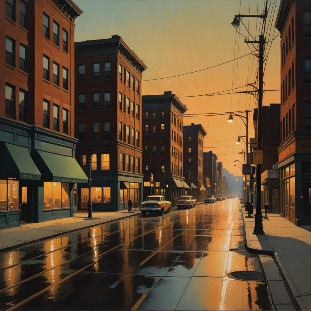 Solitary City Street at Night in Golden Hour Style