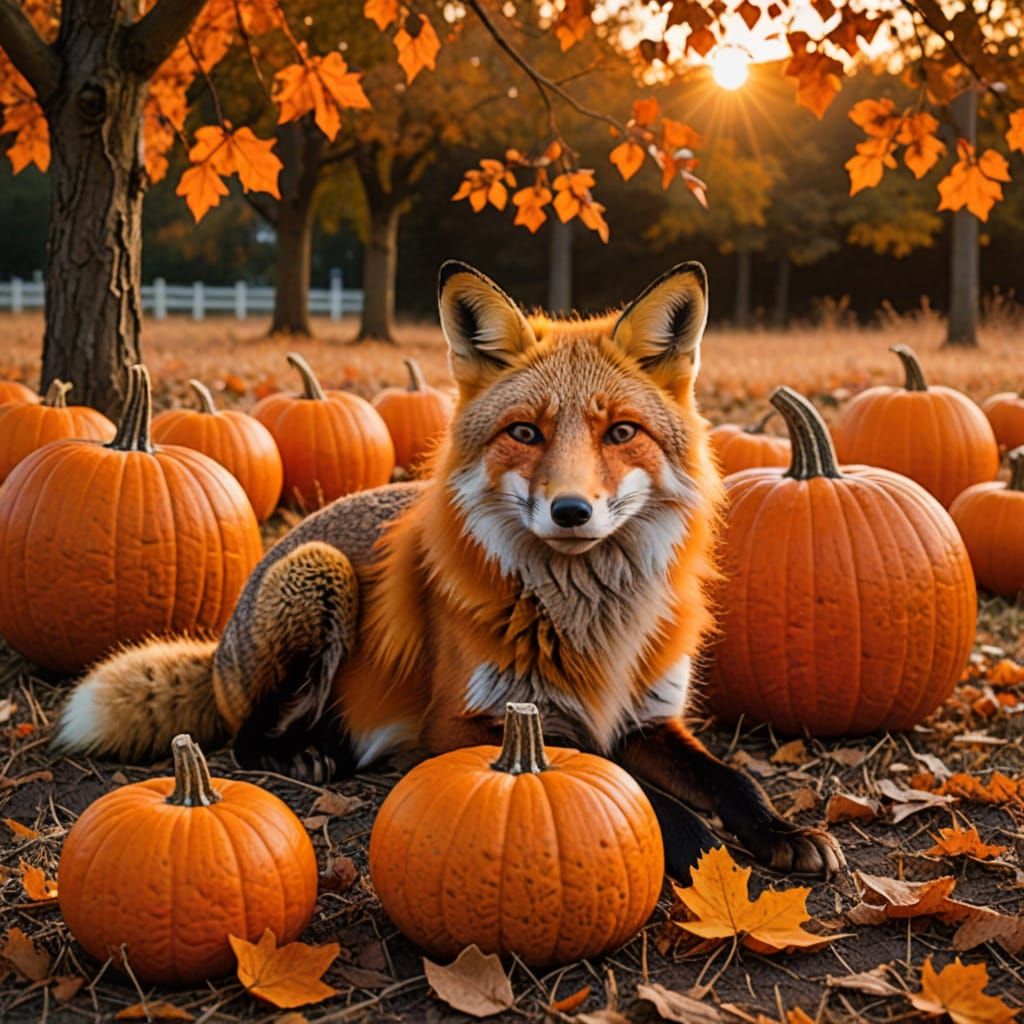 Fox and Pumpkin in Autumn Sunset Light