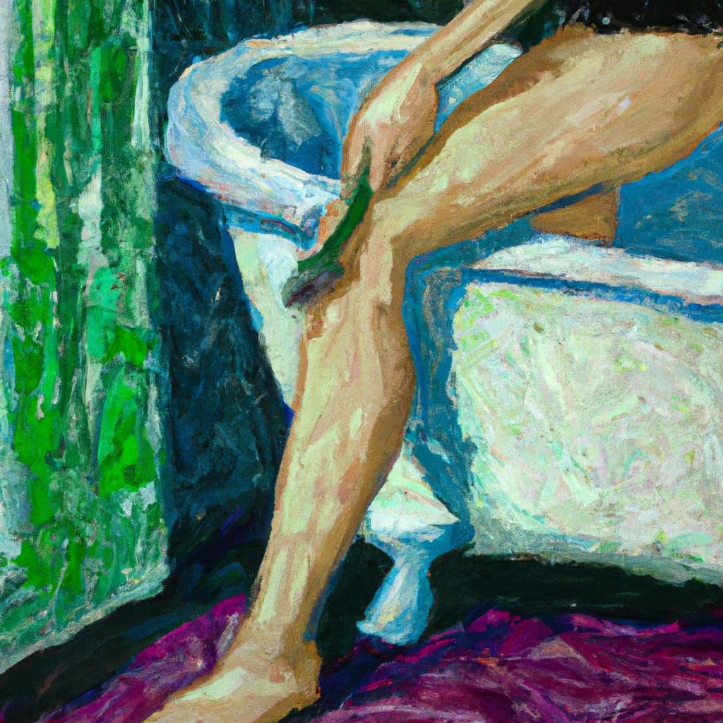 A slim brunette woman shaving her legs while standing in the tub. neo-impressionism expressionist style oil painting, sm...