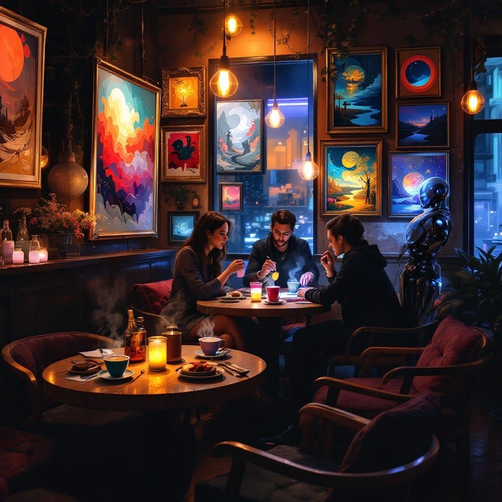 Surreal Night Cafe Scene with Friends, AI Robot, and Futuris...