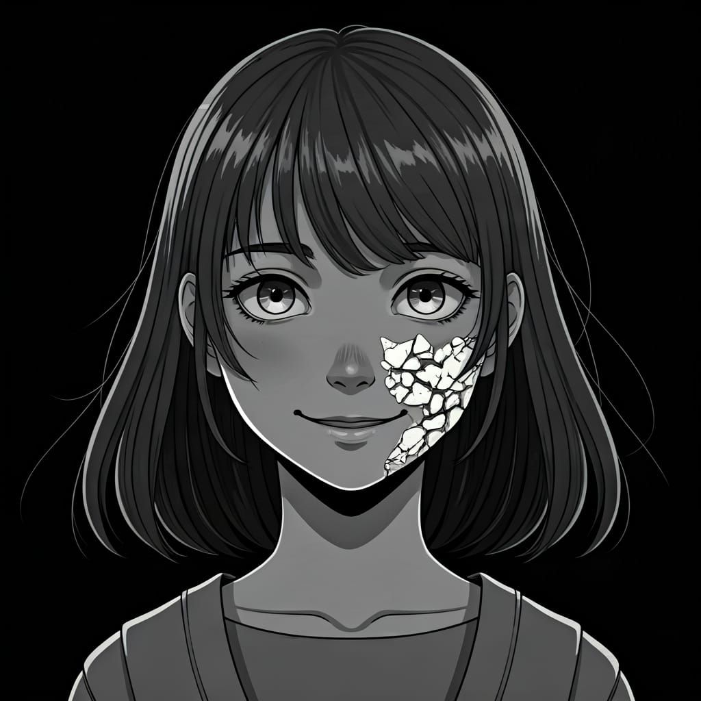 Anime style. Black and white. A girl with a broken happy mask on.