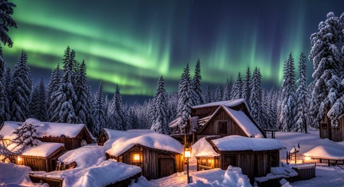 Magical Winter Village Under Northern Lights