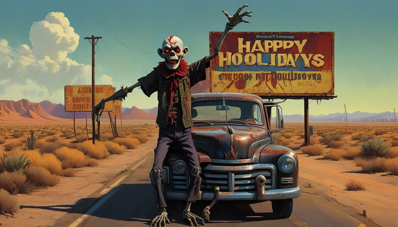 Gothic Horror Clown Scarecrow in Desert Landscape