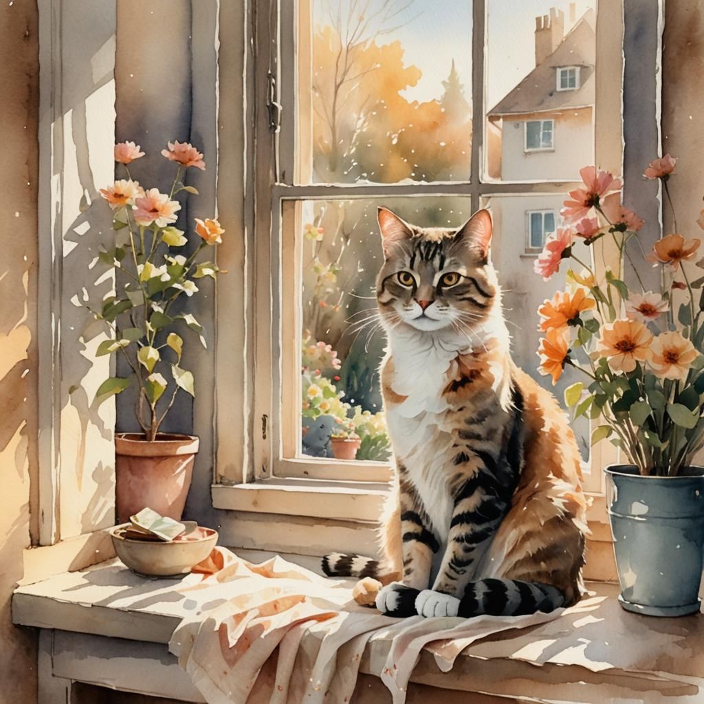 Whimsical Watercolor Cat in Cozy Windowsill