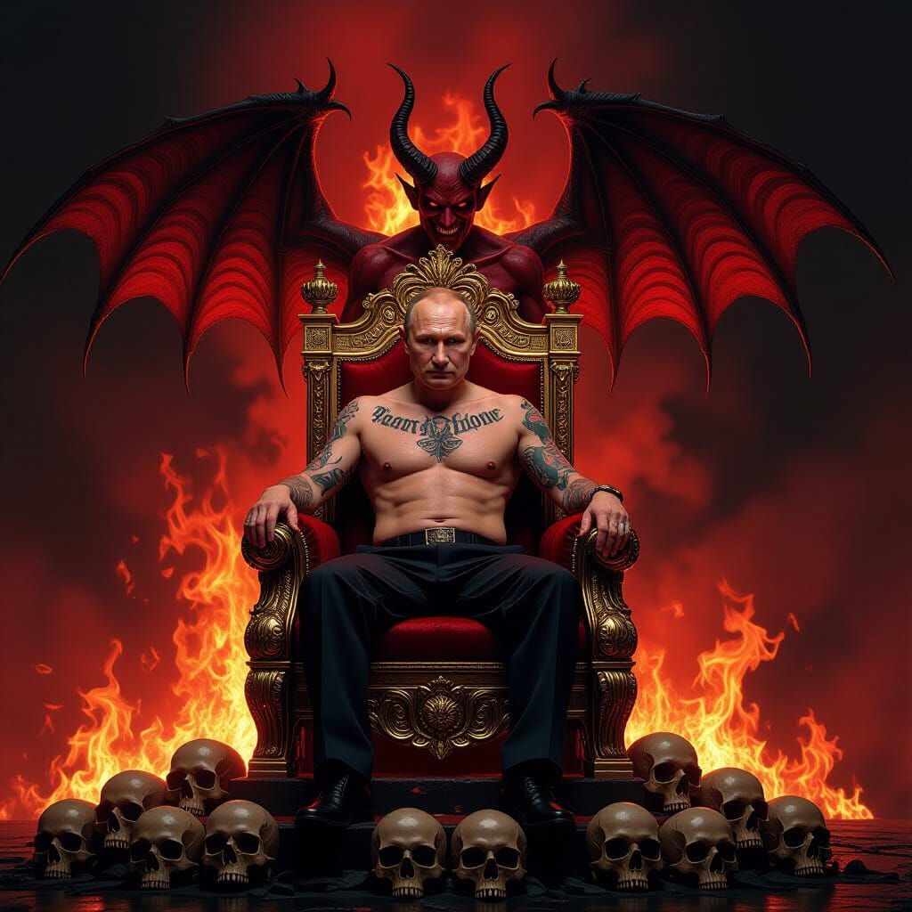 Putin on Throne Before Burning Kremlin with Devil