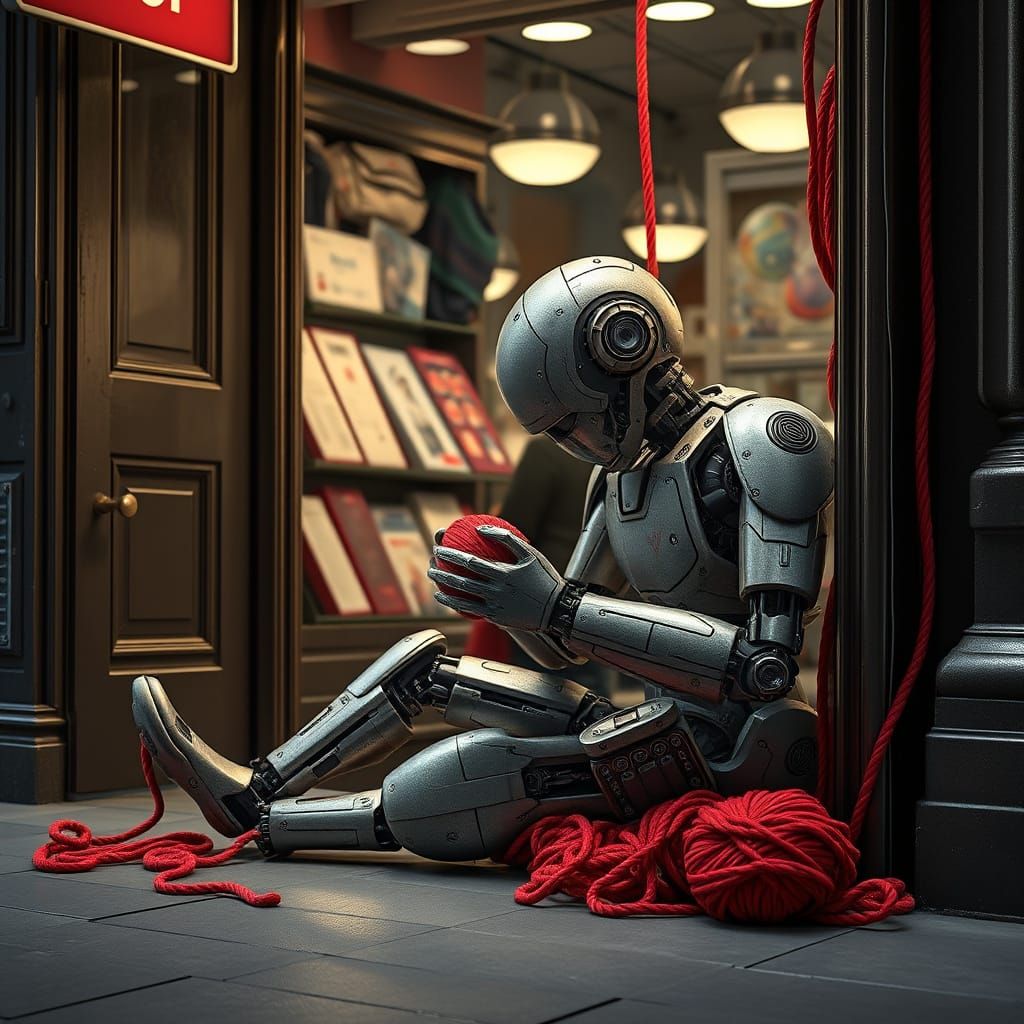 Android Made of Yarn Sleeping in London Doorway