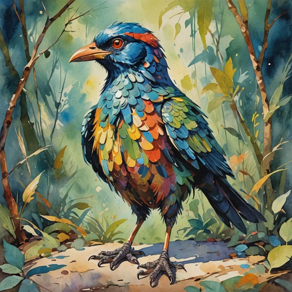 Bipedal Humanoid Bird in Gouache Impressionist Style