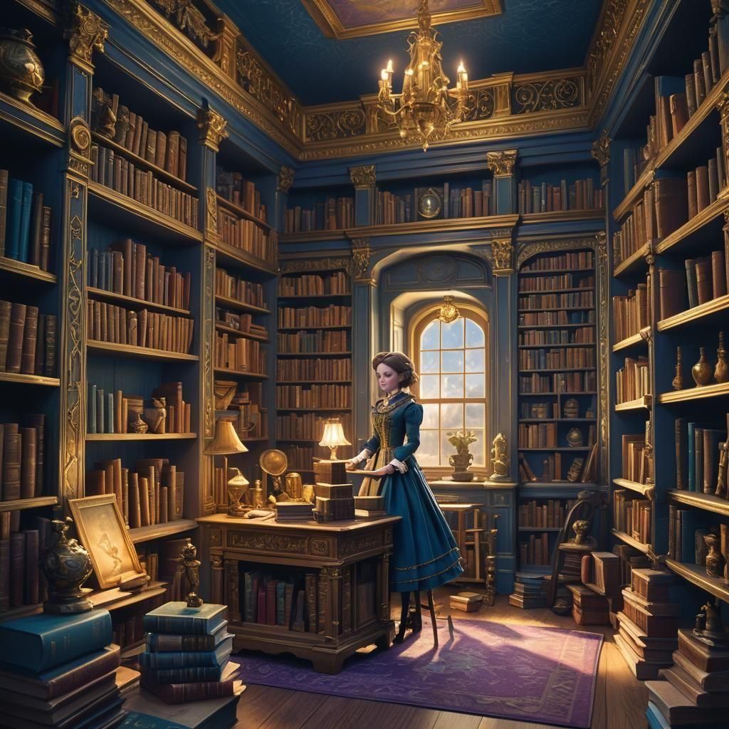 Fantastical Bookshelf with Dollhouse in Matte Painting Style