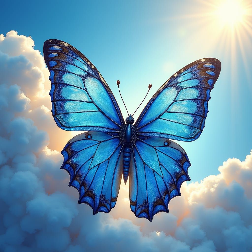 Iridescent Blue Butterfly in Pointillist Style