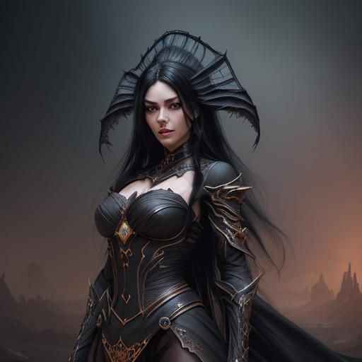 Woman with Long Black Hair in Detailed Costume