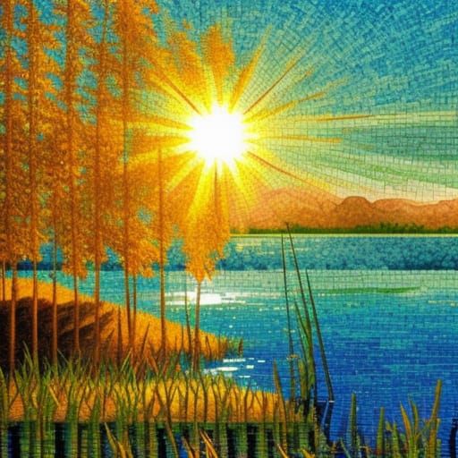 Windmill at Lake: Watercolor Mosaic at Golden Hour