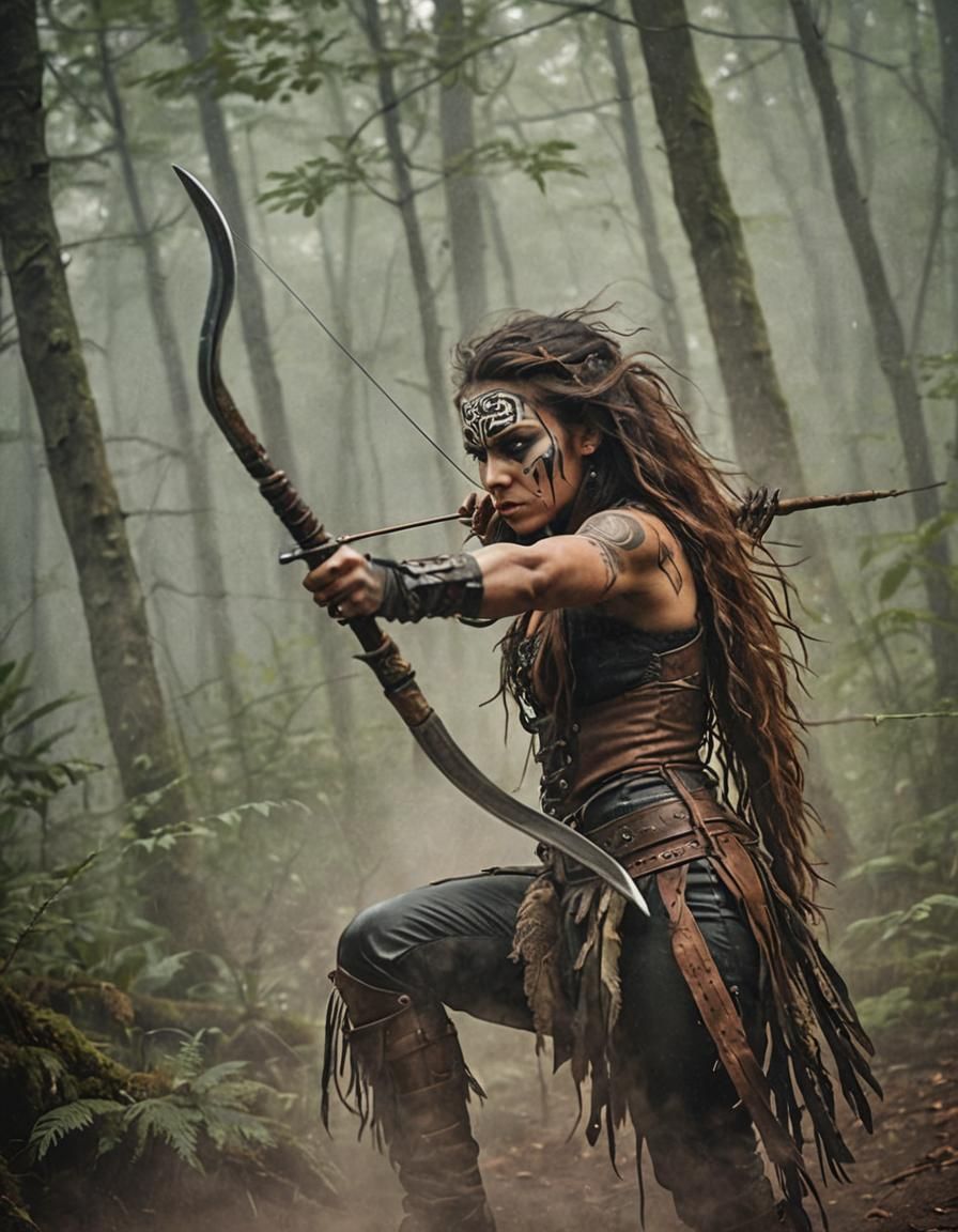 Mystical Huntress in Foggy Forest Cinematic Photograph