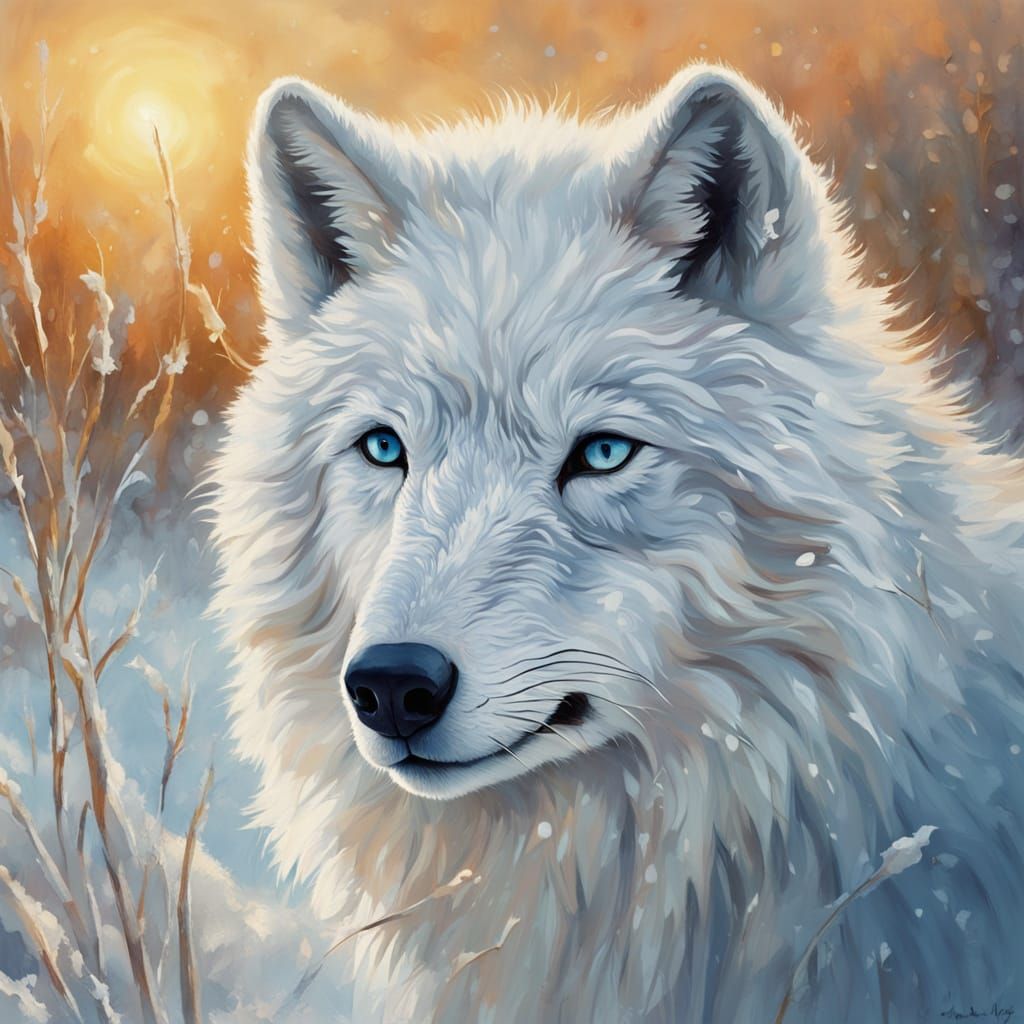 Arctic Wolf in Tundra Oil Painting with Chiaroscuro