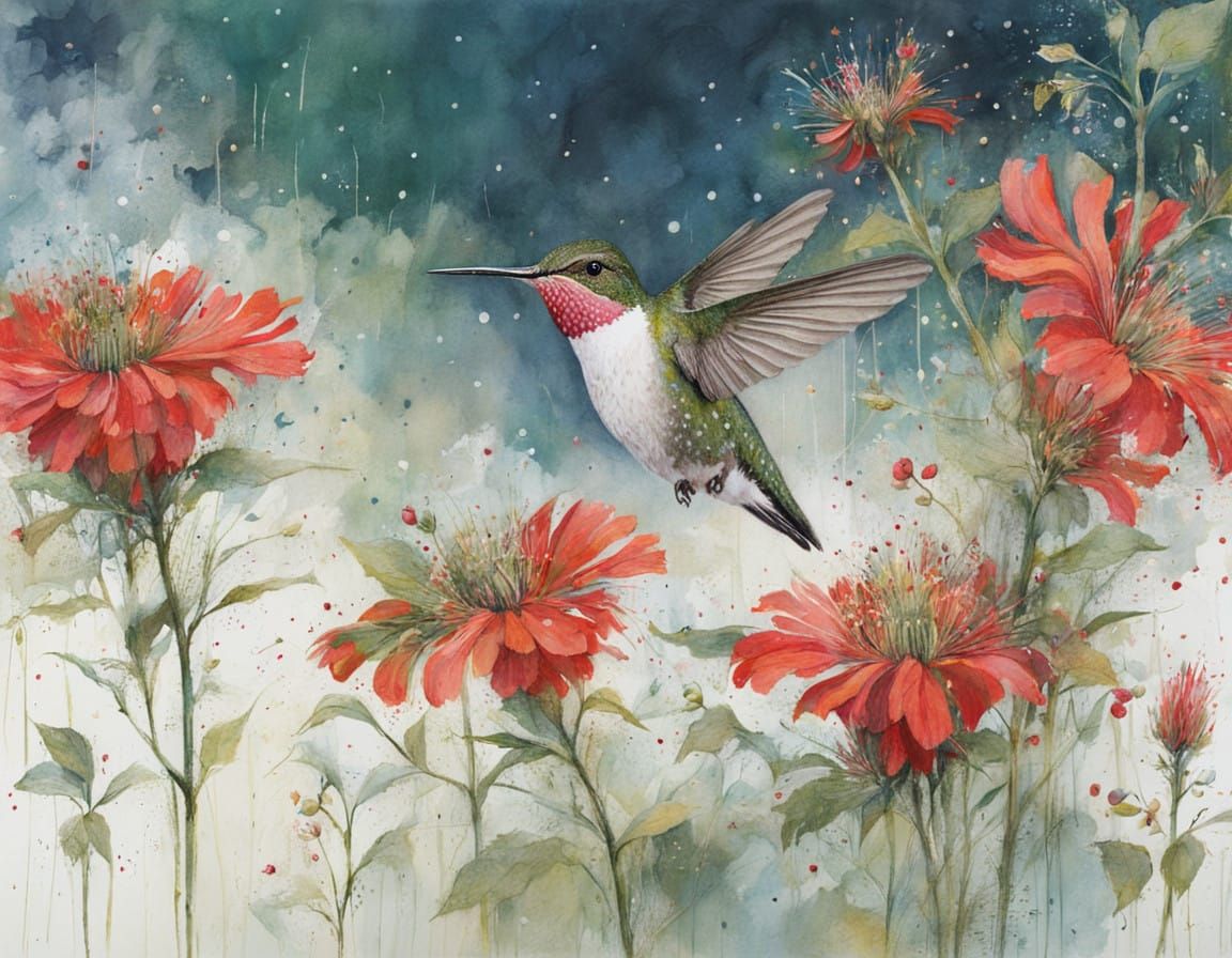 Vibrant Ruby-Throated Hummingbird in Whimsical Watercolor
