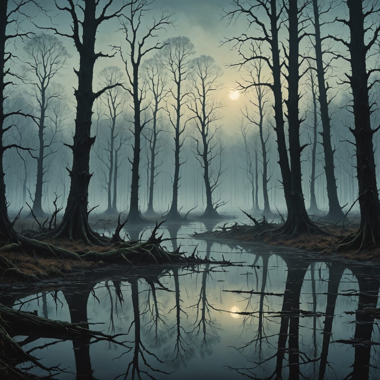 Eerie Foggy Swamp Forest with Glowing Eyes