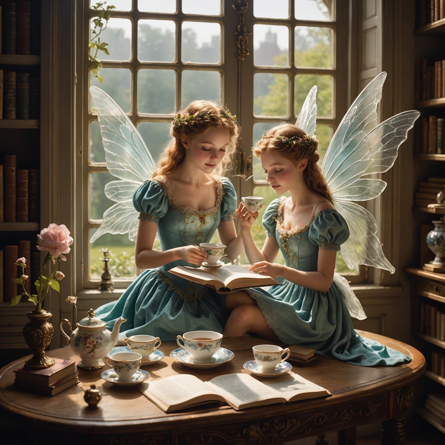 Miniature Fairies Enjoying Tea in Sunlight