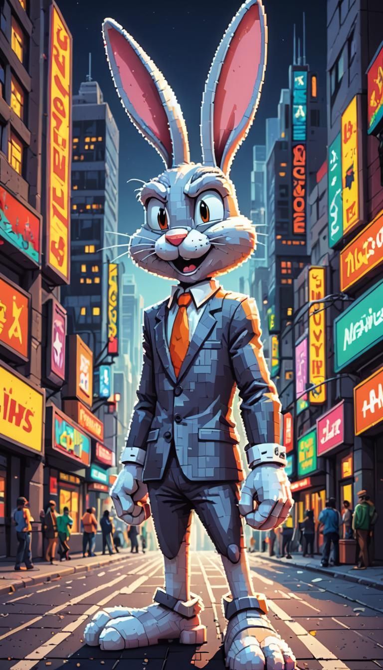 8-bit Bugs Bunny in Retro Cityscape