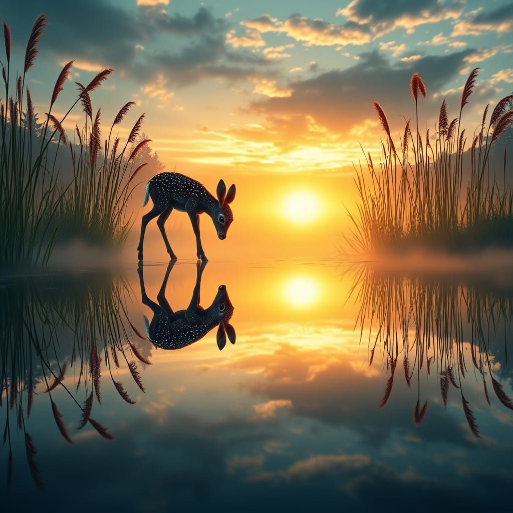 Enchanted Forest Dawn: Serene Baby Deer in Perfect Reflectio...