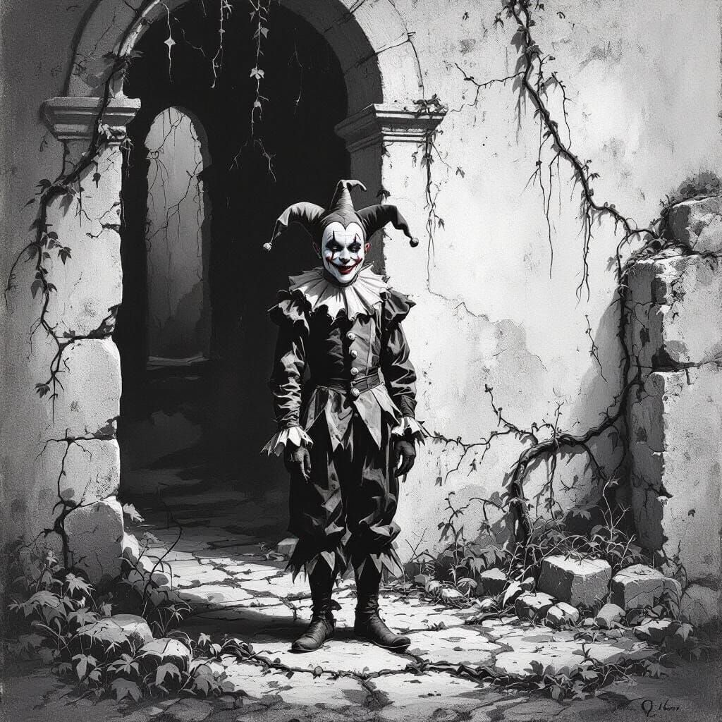 Melancholy Jester in Ruined Landscape with Film Noir Lightin...