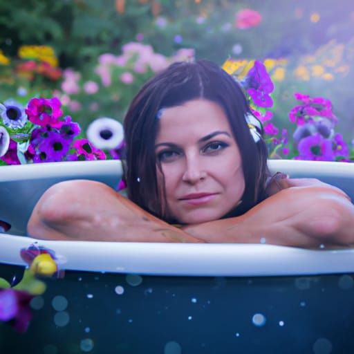 Brunette Woman in Garden Hot Tub with Flowers