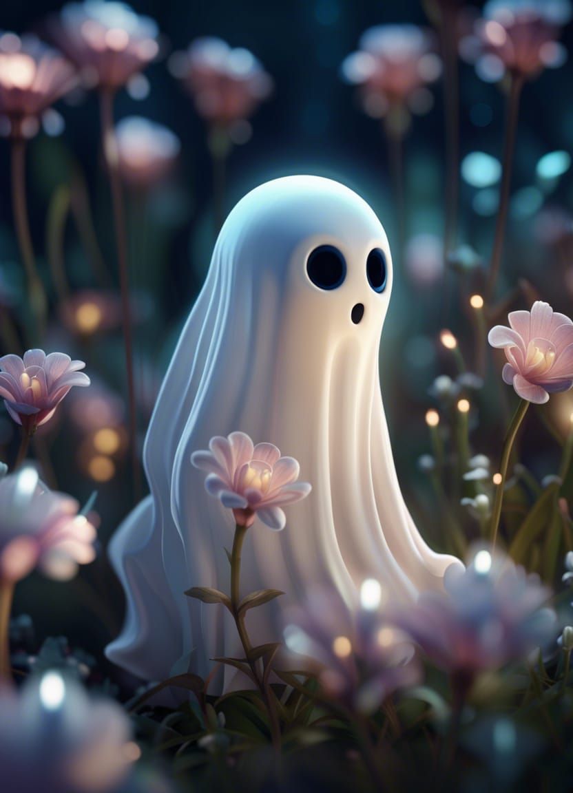 Cute Ghost Plays in Flower Bed at Night