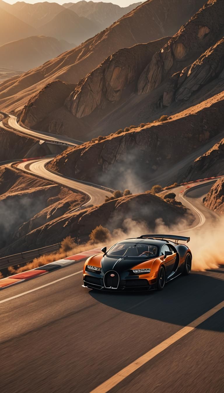 Black Bugatti Drifting on Mountain Race Track