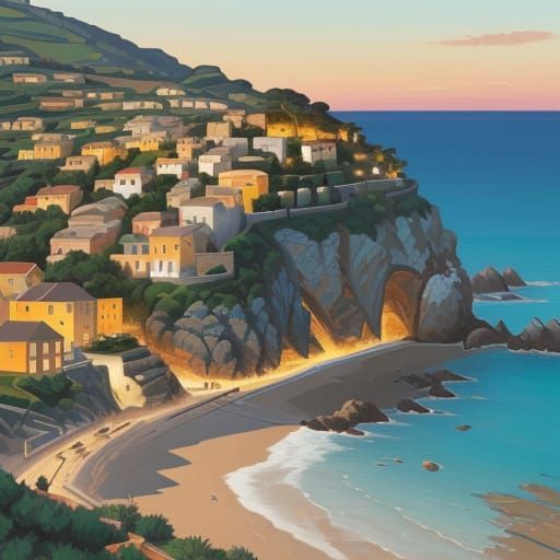 Mediterranean Seaside Village at Dusk, Expressive Oil Painti...