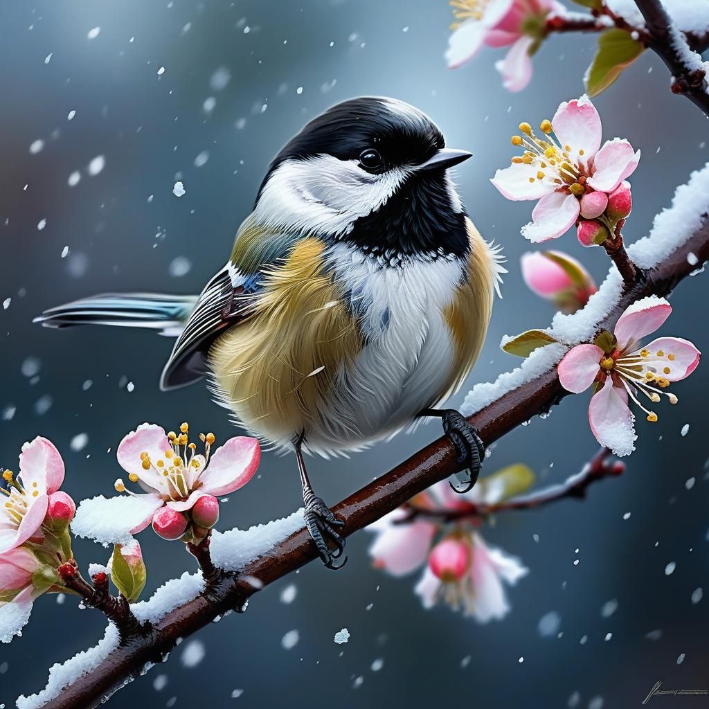 Chickadee on Snowy Apple Blossom Branch