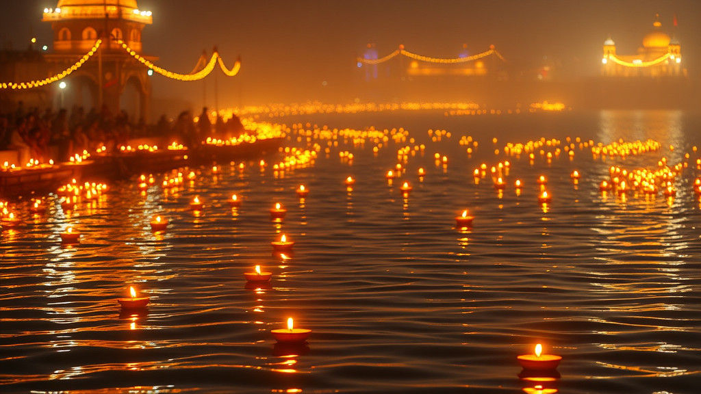 Diyas on Sangam River in Golden Light