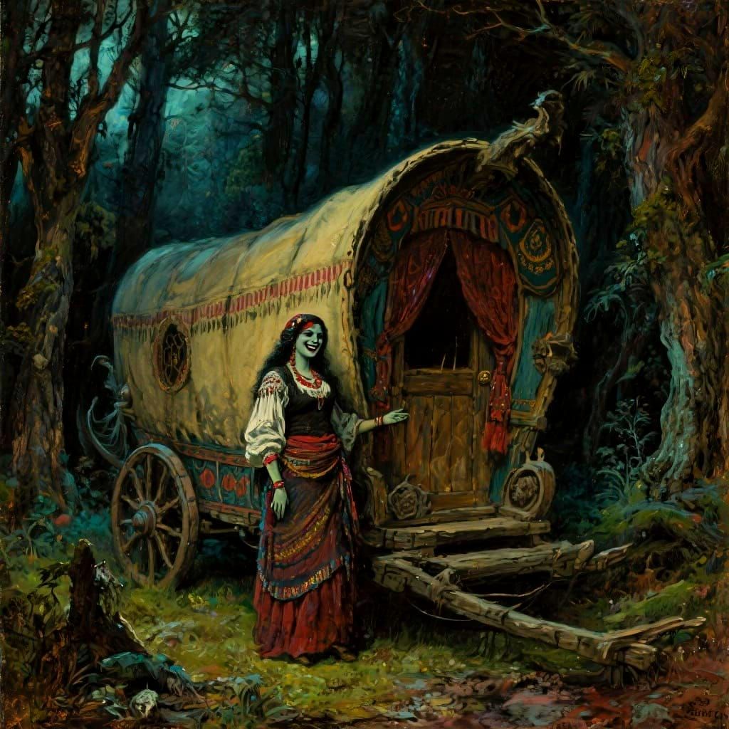 Sinister Fortune Teller Beside Gypsy Wagon Oil Painting