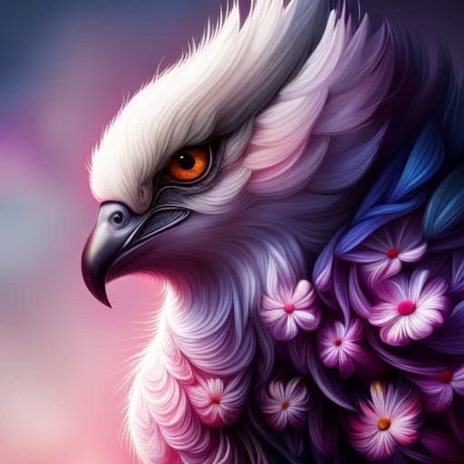 Cute Blue Bird with Fractal Flowers in Pixel Art