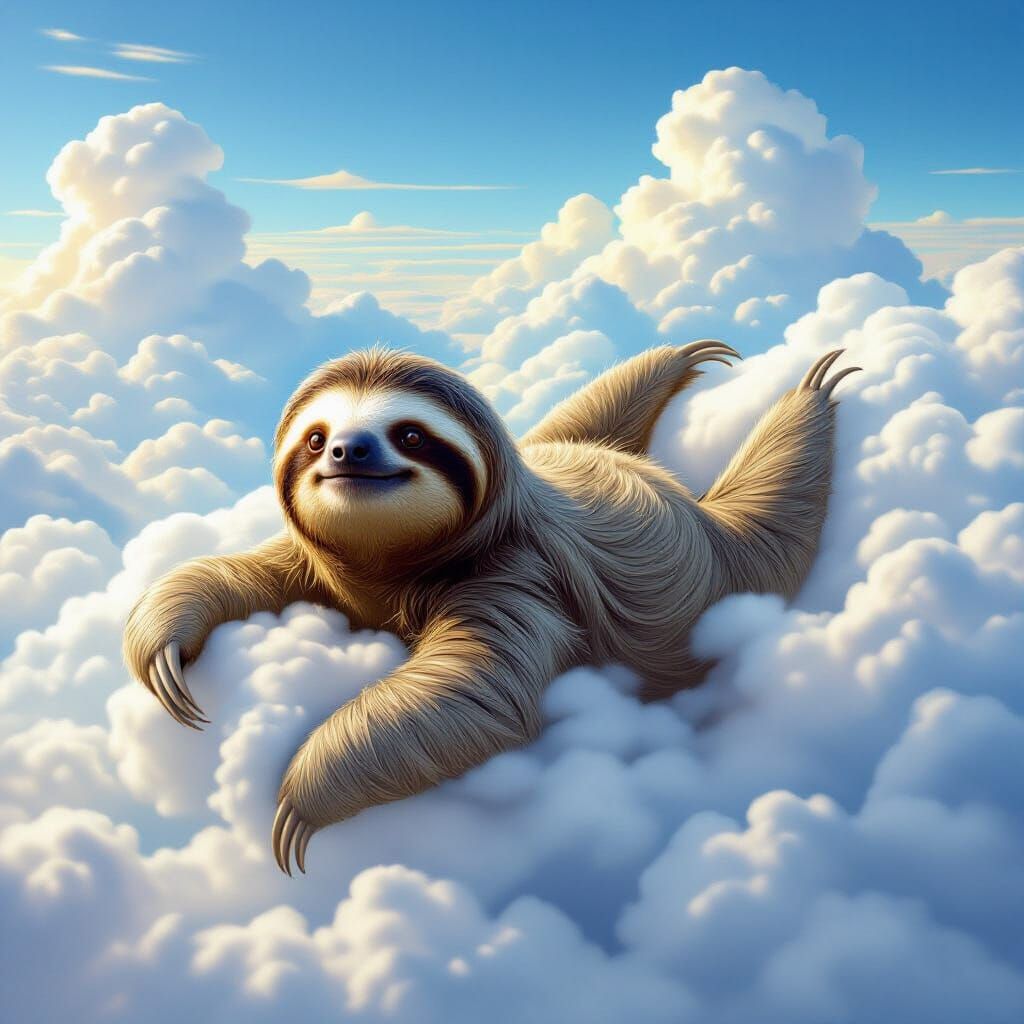 Fantasy Sloth Drifting Through Clouds in Dreamlike Landscape