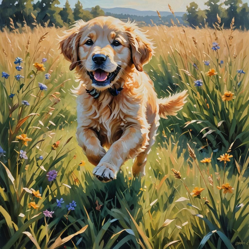 Golden Retriever Puppy in Impressionist Oil Painting