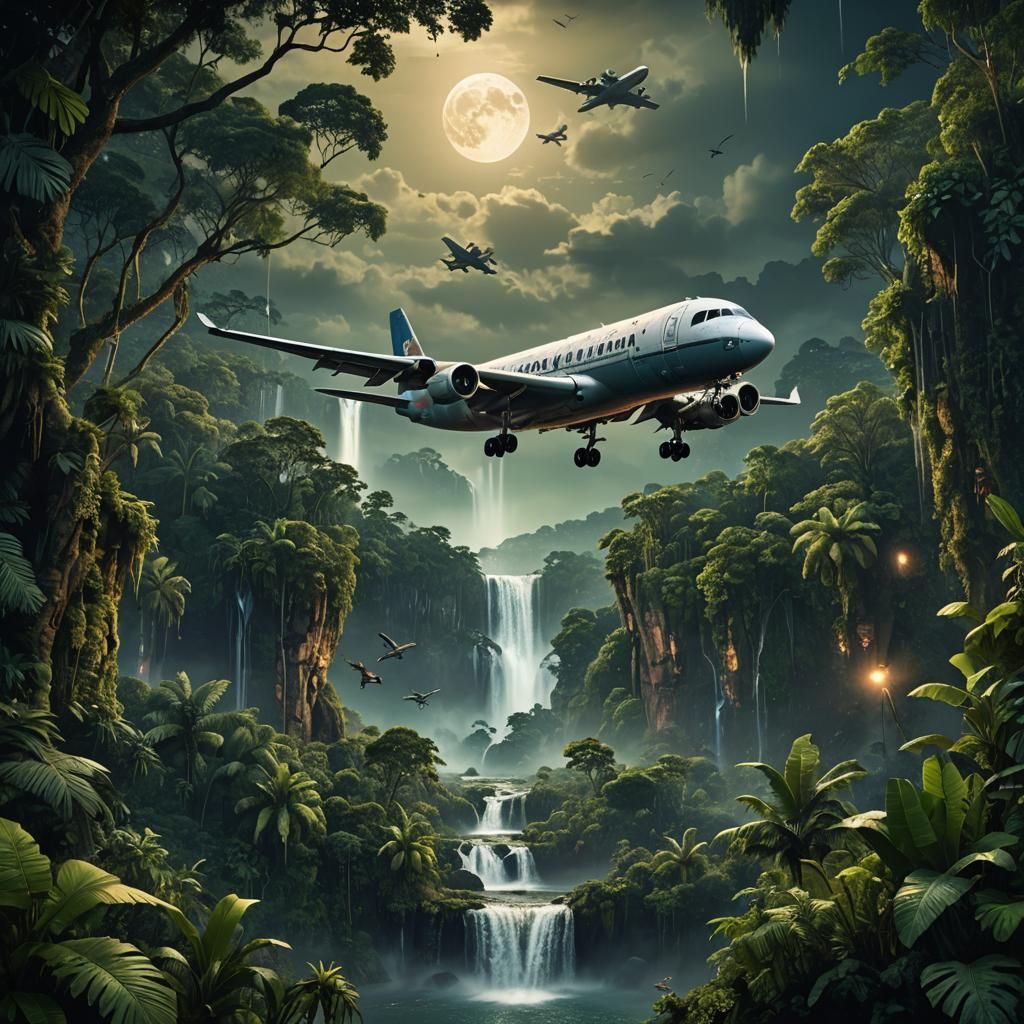 Osprey Plane at Night Over Jungle Waterfall