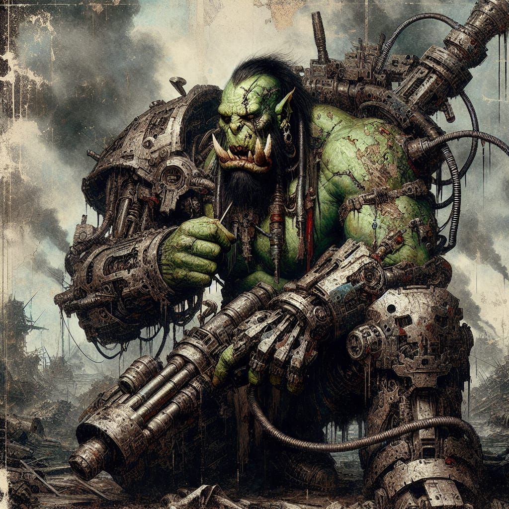 Cyborg Orc Knight in Hypermaximalist Style